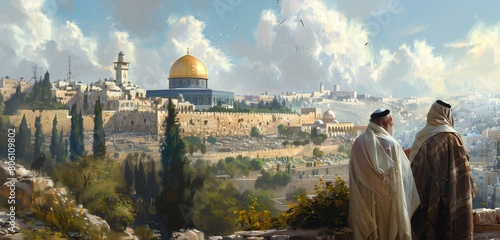 Illustration of Jerusalem with Temple Mount and Rabbis. AI Generative