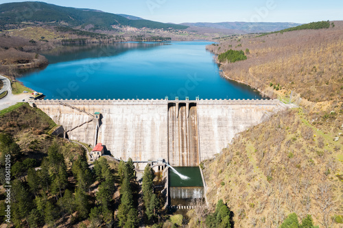 Aerial view of a dam and hydroelectric power plant in La Rioja, Spain. High quality photo