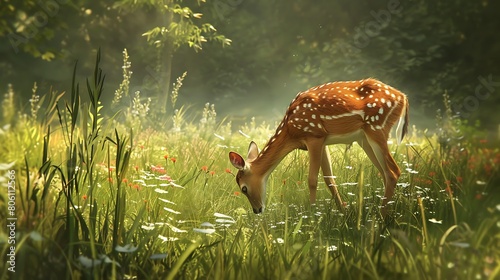 A graceful deer grazing peacefully in a lush green meadow, surrounded by wildflowers.