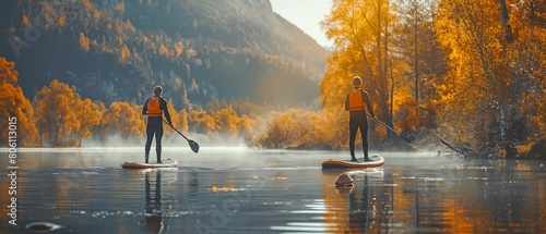 Two men on their stand-up paddle boards engaging in sports