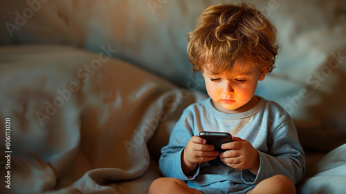 A little boy using a mobile phone in the house. For concept of a child addicted to a mobile phone.