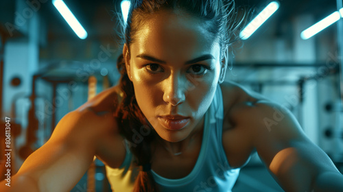 Closeup of an athletic woman working out at a gym. Female fitness fanatic doing pushups in a white sports bra. Getting fit and toned for summer. Health and wellness in women and young people. 