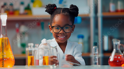 Adorable African American little girl doing experiments in a lab.