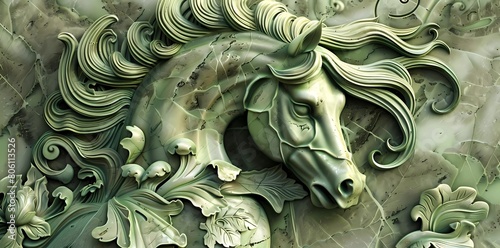 Classic green horse stone carving wallpaper. 3d illustration 