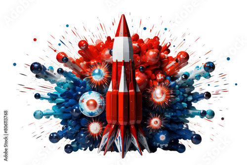 The image shows a rocket with red and white stripes. The rocket is surrounded by stars and has a blue background.