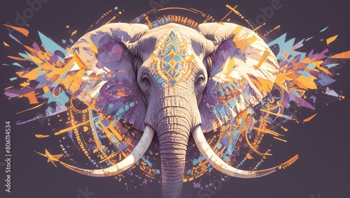 An elephant with an abstract, colorful design painted on its head and trunk. 