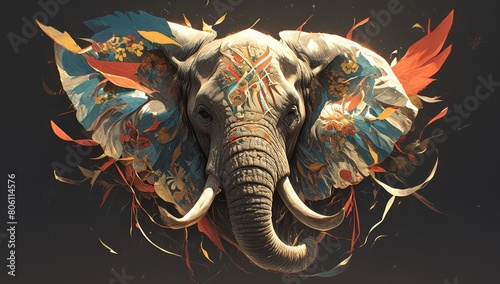 An elephant with an abstract, colorful design painted on its head and trunk.