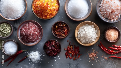 A colorful assortment of gourmet salts, raw sugars, and dried chili peppers, offering a selection of premium ingredients for culinary enthusiasts.