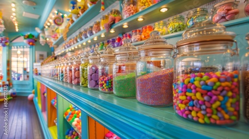 A colorful candy store display filled with jars of sweets, tempting passersby with an array of sugary treats and nostalgic favorites.
