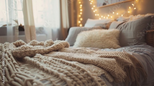 A cozy winter bedroom adorned with faux fur throws, knit blankets, and twinkling string lights, offering a warm and inviting sanctuary from the cold.