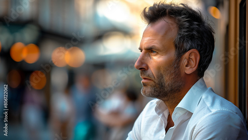 a middle-aged man in a white shirt downtown