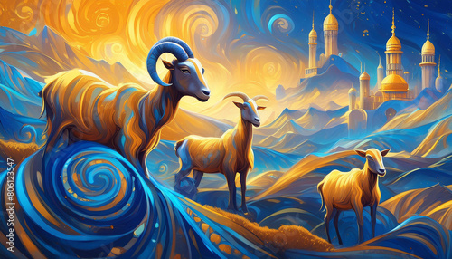 Abstract Goat Eid al Adha Art in Gold and Blue Generated with Ai