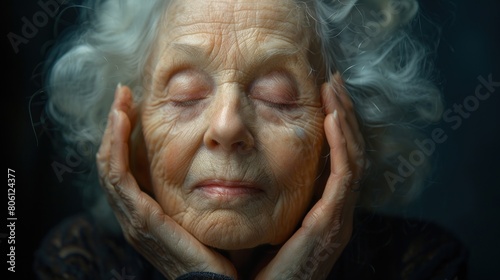 elderly woman with her eyes closed and hands on cheeks