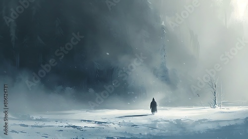 A solitary figure braves the cold as they trek through a winter wonderland, surrounded by untouched snow.