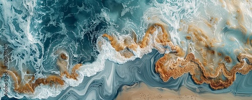 Aerial view of abstract water formation along the coastline of Elton Lake, a large salt lake with minerals in Vengelovskoe, Volgograd Oblast, Russia.