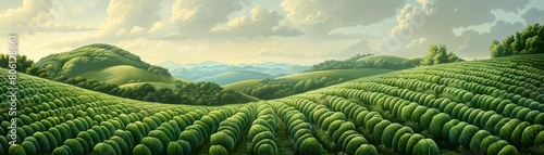 A peaceful landscape of rolling hills covered in rows of lush cabbage plants, swaying gently in the breeze