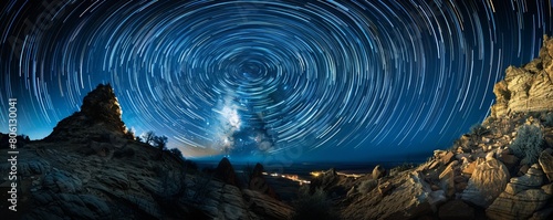 Star trails over the Black Rocks (an unconformity of Vishnu schist) at Moore Bottom in Ruby Canyon, Colorado.