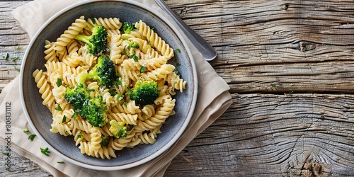 A serene setting with a bowl of fusilli pasta topped with steamed broccoli, accompanied by a beige linen napkin and a modern fork on a wooden surface