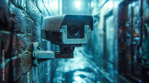 Frost Covered Security Camera in Urban Alley.