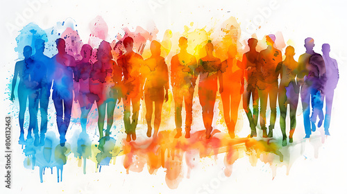 Colorful persons watercolor silhouette white background diversity inclusion concept. DEIB, Equity, Inclusion, Belonging, Peace, Team, Human, Person, Union, Group