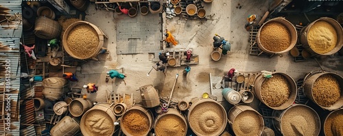Aerial view of people working in the traditional vermicelli factory in Bogura, Bangladesh.