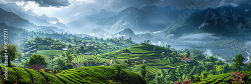 Rice Terrace Agriculture in Vietnam, Scenic Landscape of Curved Plantations, Emphasizing Rural Asian Farming
