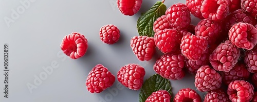 Raspberry pieces gently touching down onto a light grey pastel background, filmed in slow motion