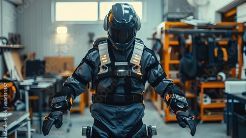 Tech developer testing a new exoskeleton suit, movements enhanced in slow motion to showcase the fluid mechanics against a hightech workshop