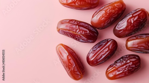 Dates halves gently bouncing on a pastel blush pink background, captured in slow motion