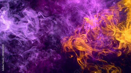 A chaotic yet mesmerizing pattern of smoke in dark purple and bright yellow, creating a striking contrast that demands attention.
