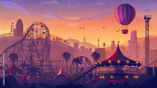 A lively urban amusement park featuring a colorful carousel, a thrilling roller coaster, and a soaring air balloon