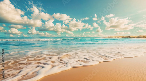 Closeup of sand on the beach and blue summer sky. Panoramic beach landscape. Empty tropical beach and seascape. Blue sky, soft sand, calmness, tranquil relaxing sunlight, summer mood. Travel vacation