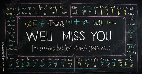 We will miss you written on a blackboard with math formulas. Back to school concept