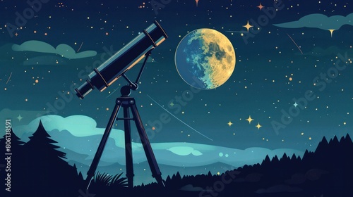 A modern telescope mounted on a tripod aimed at the star-filled sky, perfect for stargazing and exploring the cosmos