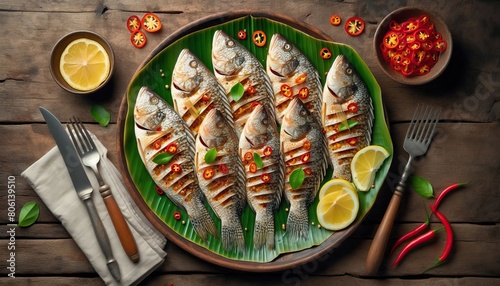 platter of grilled fish with chili slices and lemon wedges on rustic wooden table background