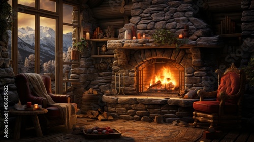 A warm and inviting living room with a crackling fireplace, adorned with a comfortable chair
