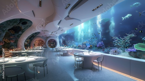 Modern aquarium restaurant, all walls are LED screens depicting an enchanting underwater. Generative AI.