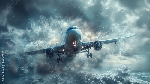 An airplane is flying through a storm.