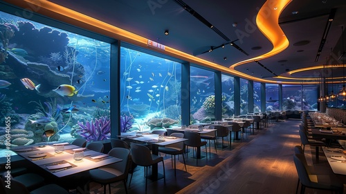 Modern aquarium restaurant, all walls are LED screens depicting an enchanting underwater. Generative AI.