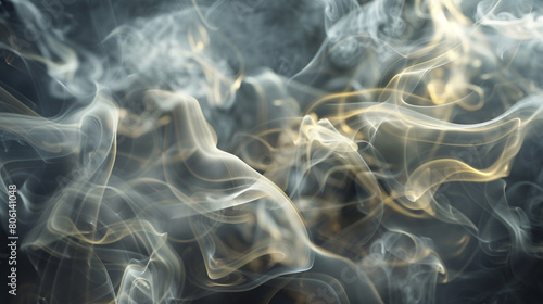 Delicate smoke filaments in white and gold, twirling against a dark backdrop to suggest an elegant ballet of light and shadow.