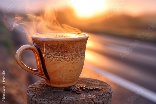 An artisanal, ceramic coffee cup, filled with steaming coffee, placed on a wooden post beside a highway.