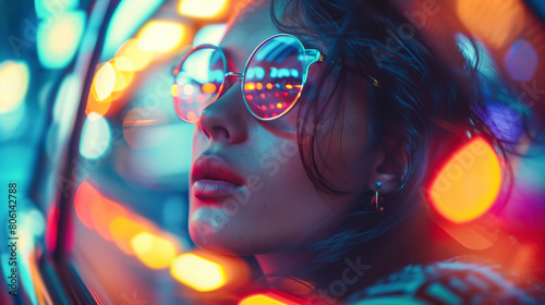 Stylish young woman in sunglasses with vibrant neon light reflections