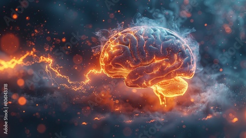 Graphic of brain in front view with lightning effect to symbolize brain power or neurology