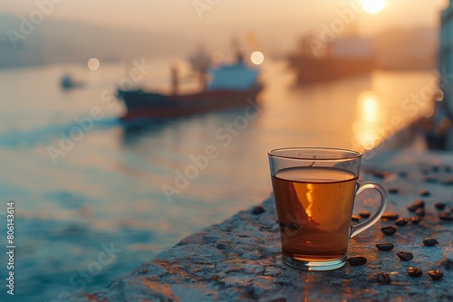 An elegant, glass coffee cup with a sleek design, resting on a stone parapet high above the sea.