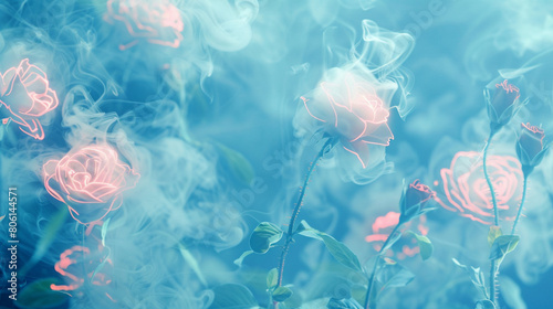 Wispy tendrils of smoke in a soft blue, highlighted by a neon rose texture, adding a delicate and romantic touch.