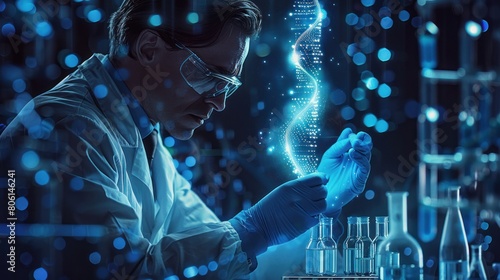 Immerse yourself in the realm of personalized medicine with a wide banner hologram presenting a scientist conducting pharmaceutical research, holding medical testing tubes or vials, 