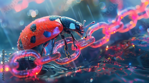 A vibrant depiction of a ladybug on shimmering, neon digital chain links that arc gracefully from the turbulent sea surface
