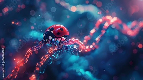 An imaginative illustration of a ladybug traversing glowing digital chain links that rise like a wave from a deep blue sea