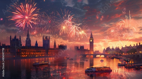 A painting of a city with a large clock tower and fireworks in the background. The mood of the painting is festive and celebratory