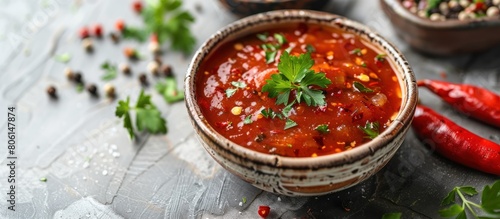 Glass bowl of delicious chipotle sauce and spices on light background on board
